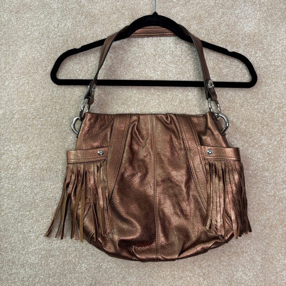 B. MAKOWSKY Shoulder Bag Womens Bronze Metallic Leather Fringe Boho Glam Hobo